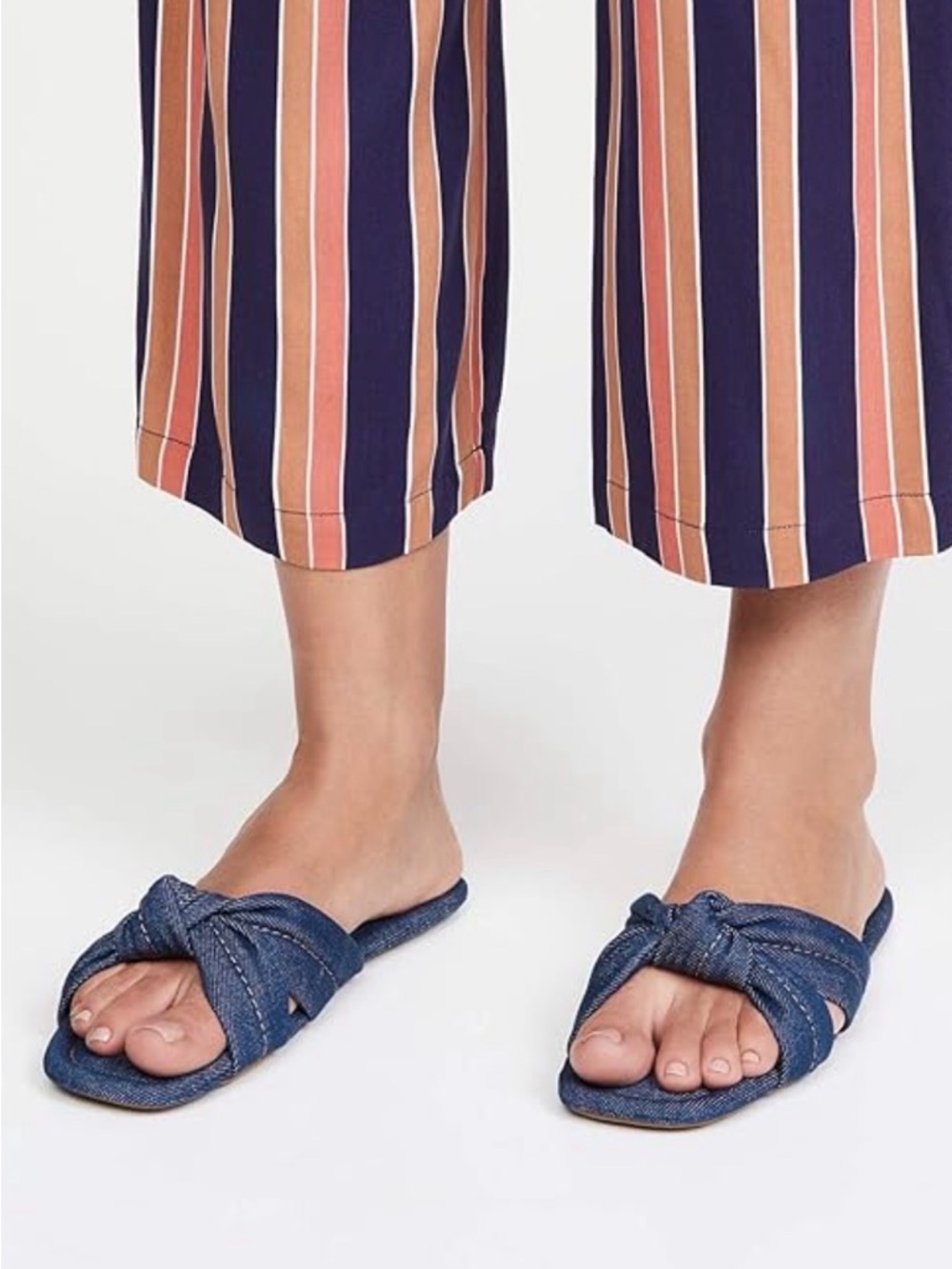Loeffler Randall Polly Sandals. Denim Knot Slide Sandals - Deep Blue size 8